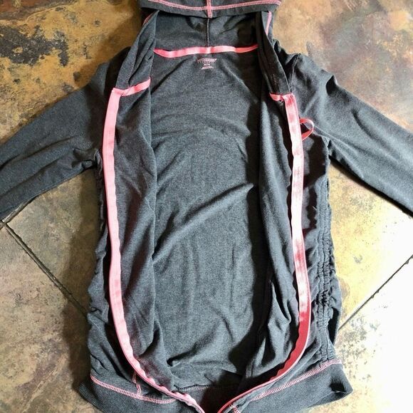 Motherhood Maternity Gray Pink Hoodie Zip Up Ruching Side Jacket Medium - Picture 3 of 9